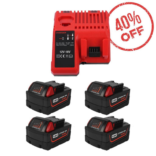 Milwaukee 18V XC Lithium Battery 9.0Ah 4 Packs With Rapid Charger For Milwaukee M18 & M12 Battery