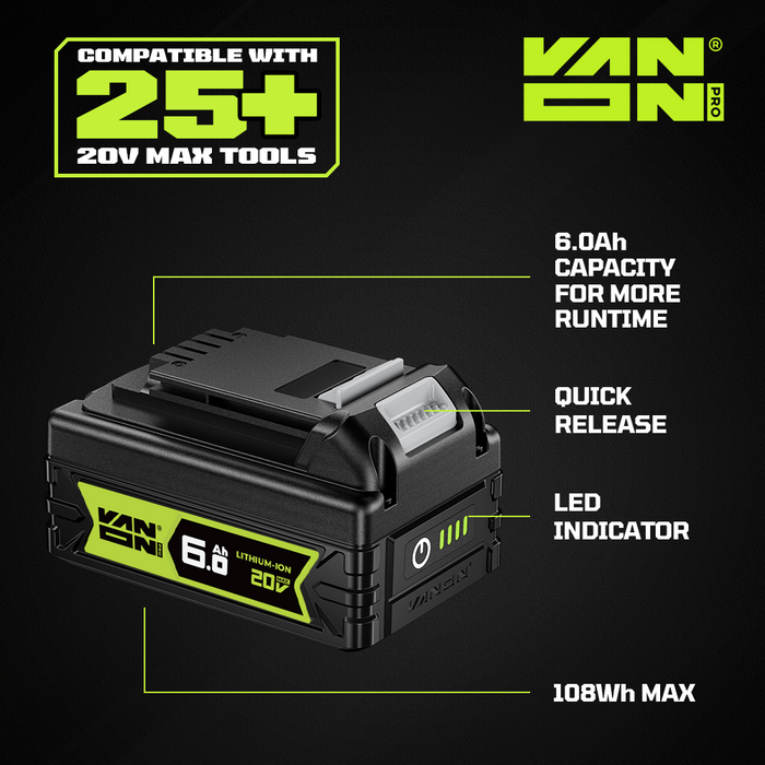 VANON PRO For Black and Decker 20V Max LBXR20 Battery 6Ah Replacement