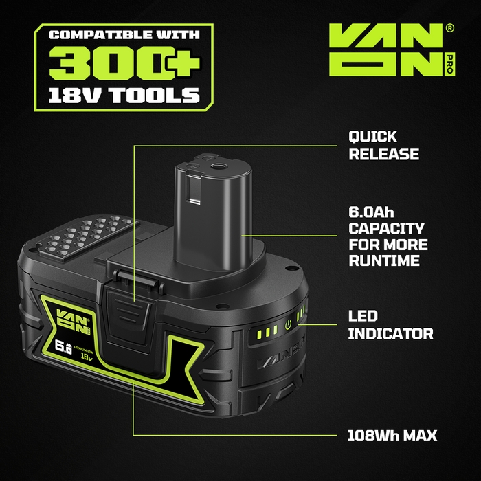 VANON PRO For For Ryobi 18V P108 Battery 6Ah Replacement