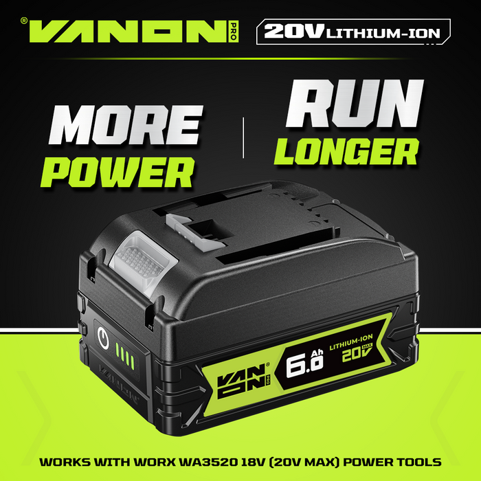 VANON PRO For Worx 20V Max WA3520 Battery 6Ah Replacement