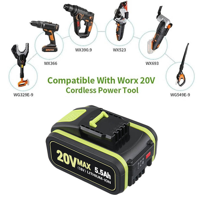 For Worx 20V 5.5Ah Li-ion Replacement Battery 2 Pack WA3551 WA3551.1 WA3553 WA3553.2 WA3641 WG629E