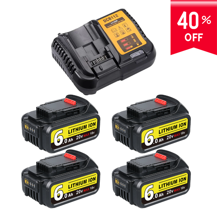 For Dewalt 20V Max Battery | DCB200 6.0Ah Li-ion Battery 4 Pack With DCB112 charger For Dewalt 20V Battery Charger | Replace DCB112 DCB107 DCB105