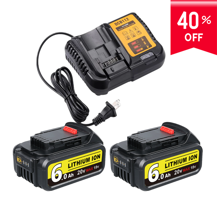 For Dewalt 20V Max Battery | DCB200 6.0Ah Li-ion Battery 2 Pack With DCB112 charger For Dewalt 20V Battery Charger | Replace DCB112 DCB107 DCB105