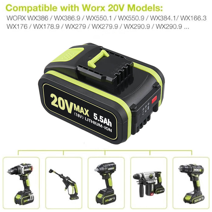 For Worx 20V 5.5Ah Li-ion Replacement Battery 2 Pack WA3551 WA3551.1 WA3553 WA3553.2 WA3641 WG629E