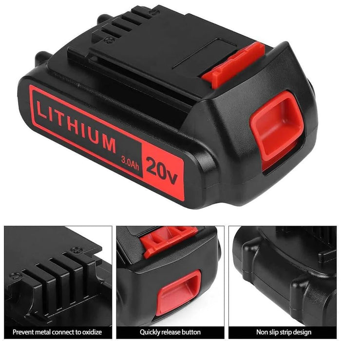 for Black and Decker 20V Lbxr20 3.0Ah Li-ion Replacement Battery 2 Pack with Lcs1620 10.8V-20V Lithium Charger for Lbxr20