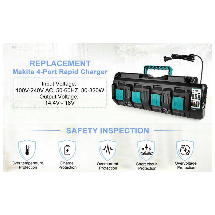 4-Port 18V Lithium-Ion Charger DC18SF for Makita 14.4V-18V Lithium Battery BL1860 BL1815, Replace Makita DC18RC DC18RA Rapid Charger