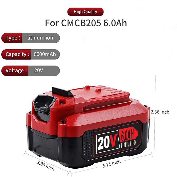 For Craftsman 20V 6.0AH Battery Replacement | CMCB204 CMCB202 CMCB206 V20 Li-ion Battery 2 Pack