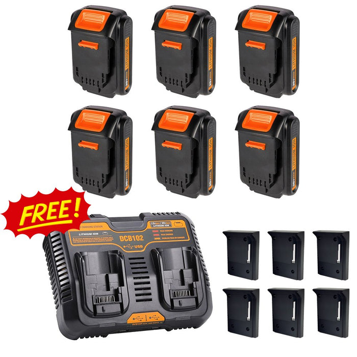 For Dewalt 20V DCB200 Battery Replacement 3.0Ah | DCB203 Li-ion Battery 6Pack+ Free charger& Holders