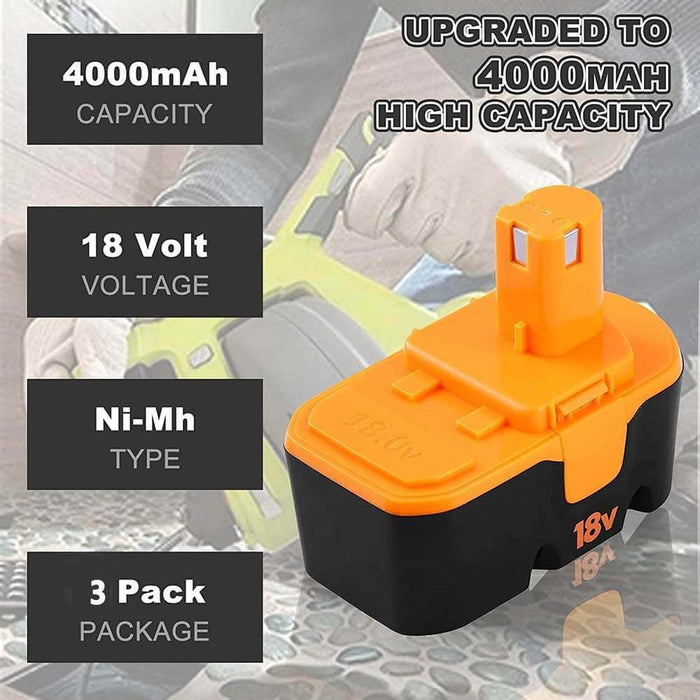 For Ryobi 18V Battery 4.0Ah Replacement | P100 Battery 3 Pack (Ni-Mh)