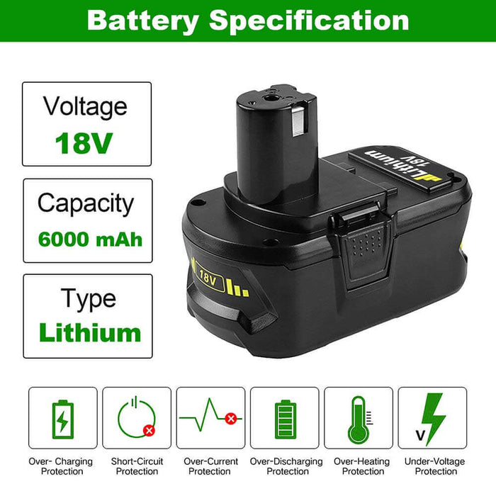 For Ryobi 18V Battery 6Ah Replacement | High Capacity P106 P108 Batteries 2 Pack