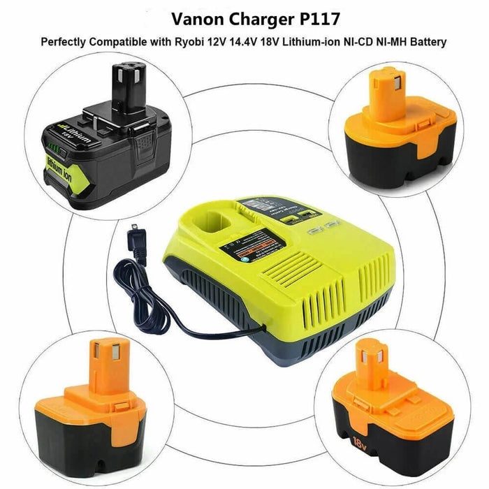 For Ryobi 18V Battery Charger P117 | Dual Chemistry IntelliPort Charger For 18V-12V Li-ion & Ni-cad Ni-Mh Battery