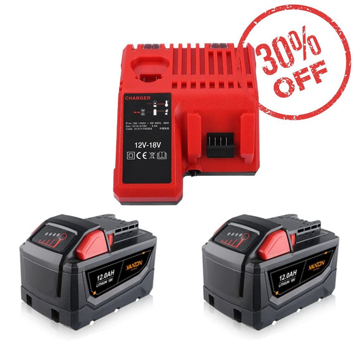 Milwaukee 18V XC Lithium Battery 12.0Ah 2 Packs With Rapid Charger For Milwaukee M18 & M12 Battery
