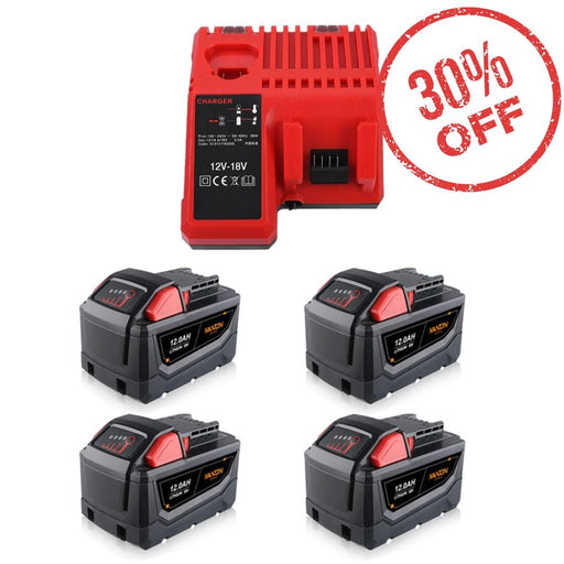 Milwaukee 18V XC Lithium Battery 12.0Ah 4 Packs With Rapid Charger For Milwaukee M18 & M12 Battery