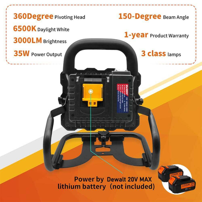 NEW 20W 6500K Cordless Portable LED Work Light Powered by Dewalt 20V DCB200 Li-ion Batteries & One DCB200 6.0Ah Battery Replacement